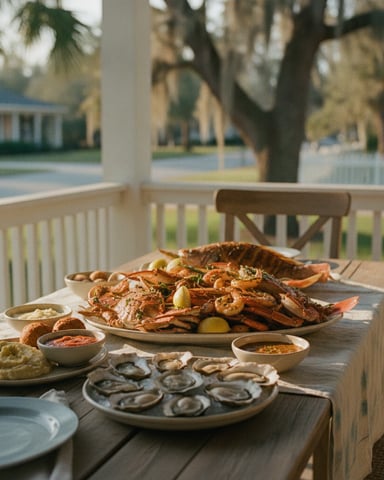 Seafood spread on porch table with oysters, grilled fish, and sides overlooking tree-lined yard