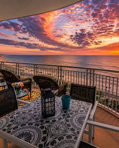 Oceanfront balcony with black wicker chairs, patterned rug, and dramatic sunset over the sea