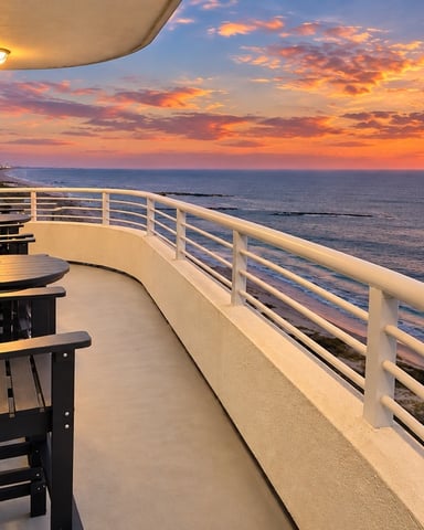 Oceanfront balcony with Adirondack chairs and white railing overlooking beach at sunset